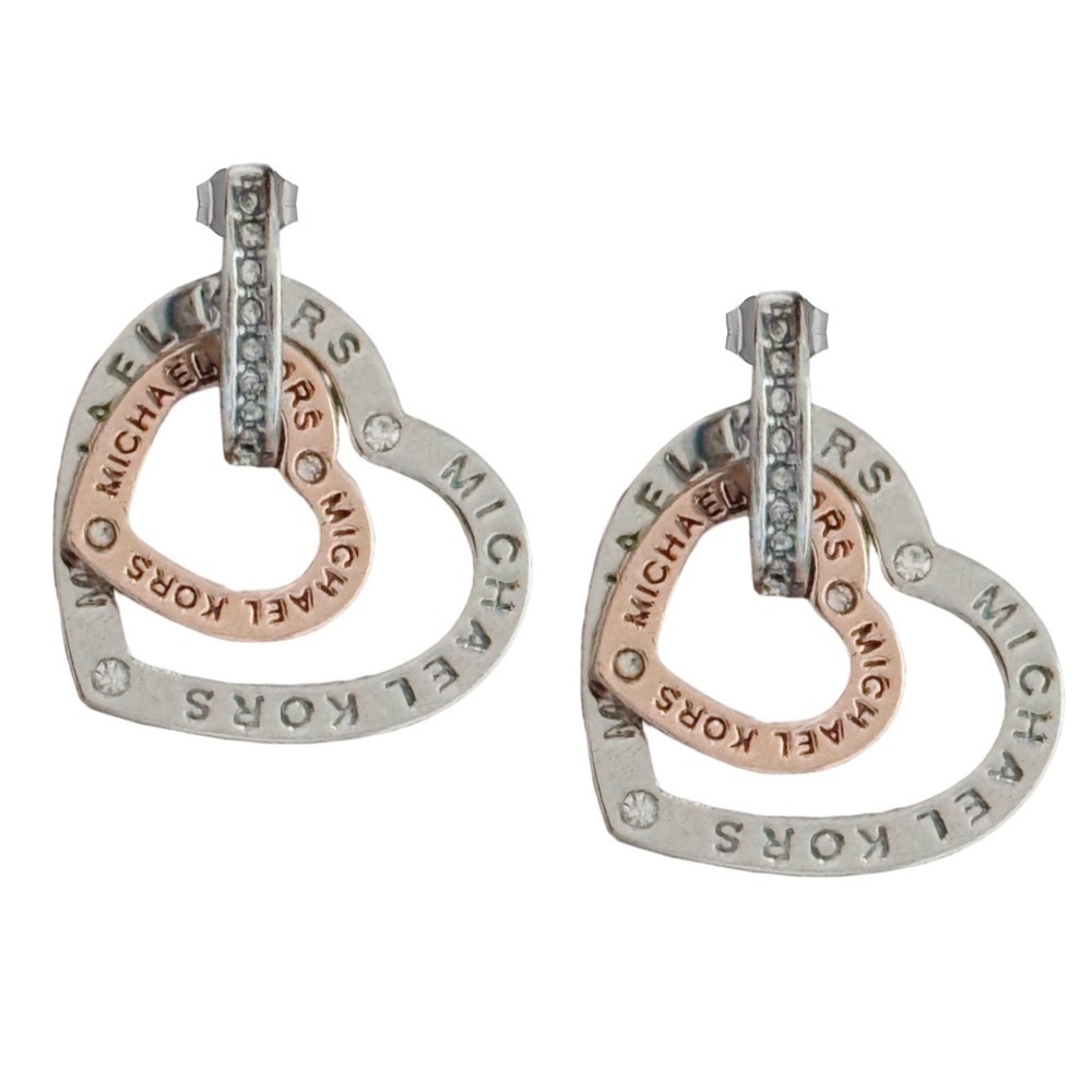 MICHAEL KORS • Silver Interlocking Rose Gold Logo Heart Earrings
